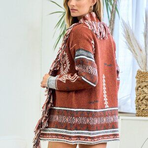 bohemian Fringe Sweater Coat Aztec Print Cardigan, Western Boho Jacket